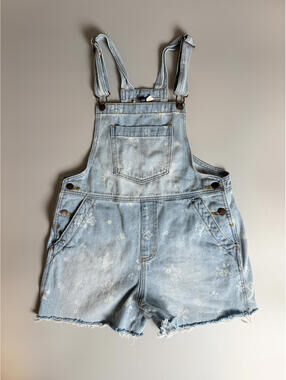 Vintage Denim Short Overalls Distressed Light Wash Dungarees Summer Romper M